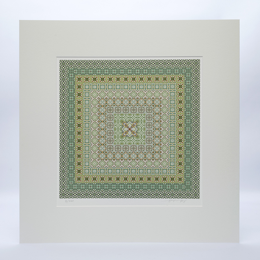 Square Tile Tapestry in Greens mounted