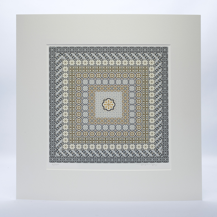 Square Tile Tapestry in Greys mounted